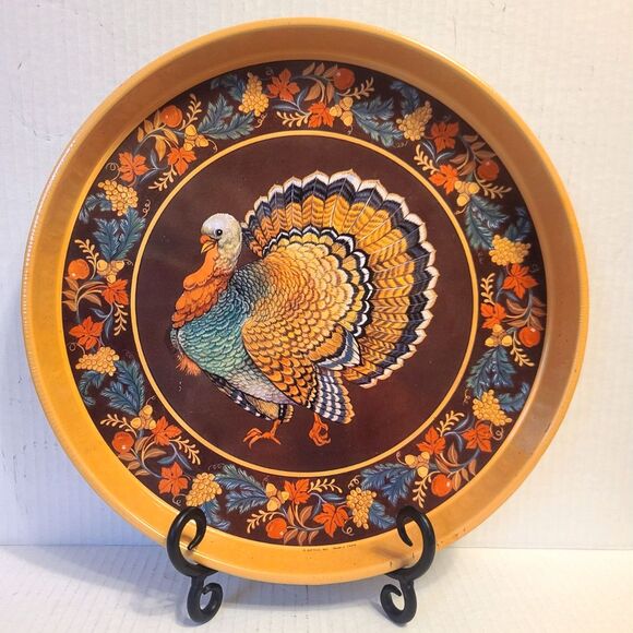 Holiday Turkey Metal‎ Tin Serving Tray Multi Color Gibson Giftco Gallery 1992 - Picture 1 of 5